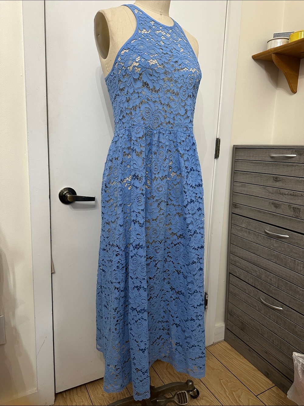 Sky Blue Lace Maxi Dress with High Neck